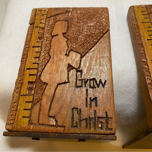 Handmade Folk Art Wood Book Ends Pair Boy Girl “Grow In Christ” Bible Rustic - Picture 3 of 13